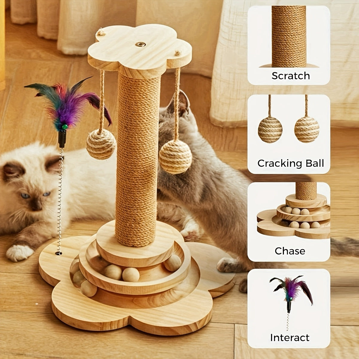 [Sisal Cat Scratching Post] Durable Sisal Cat Scratching Post & Climbing Tower | Dual-Sided Scratching Pillar with Circular Platforms, Space-Saving Vertical Design, Natural Wood Base | Indoor Cat Tree Alternative, Pet Play St
