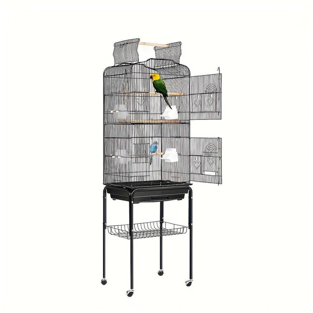 1pc 65-inch Extra-Large Open-Style Bird Cage with Detachable Rolling Stand, Durable Metal Construction, and Spacious Interior for Comfortable Living of Parrots, Lovebirds, Sparrows, Canaries, Long-tailed Small Parrots, Black