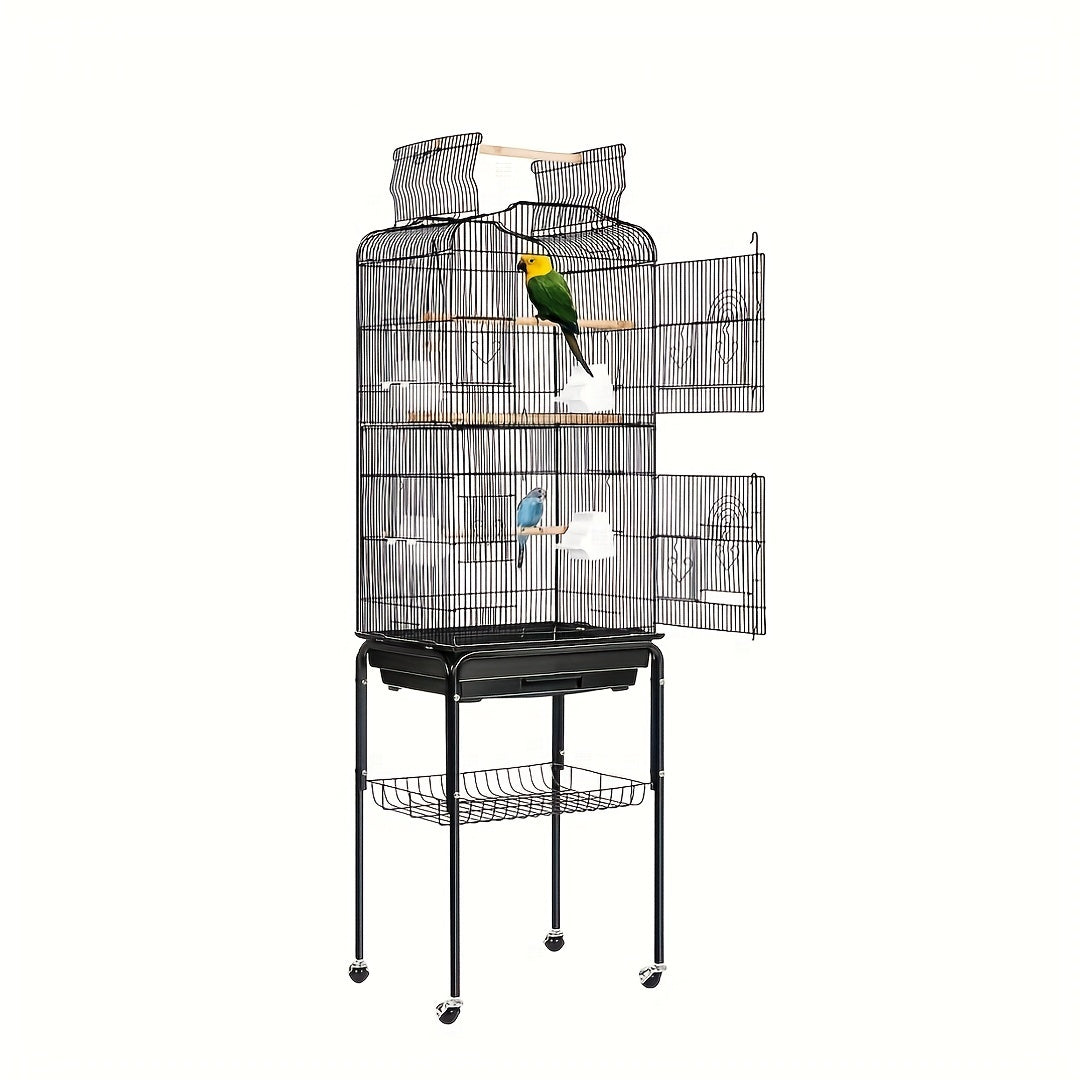 1pc 65-inch Extra-Large Open-Style Bird Cage with Detachable Rolling Stand, Durable Metal Construction, and Spacious Interior for Comfortable Living of Parrots, Lovebirds, Sparrows, Canaries, Long-tailed Small Parrots, Black