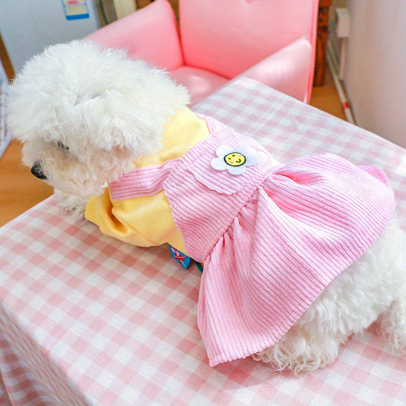 Pink Warm & Comfortable Knit Sunflower Couple Dog Dress - Cozy Pet Apparel for Small Breeds, Fall/Winter