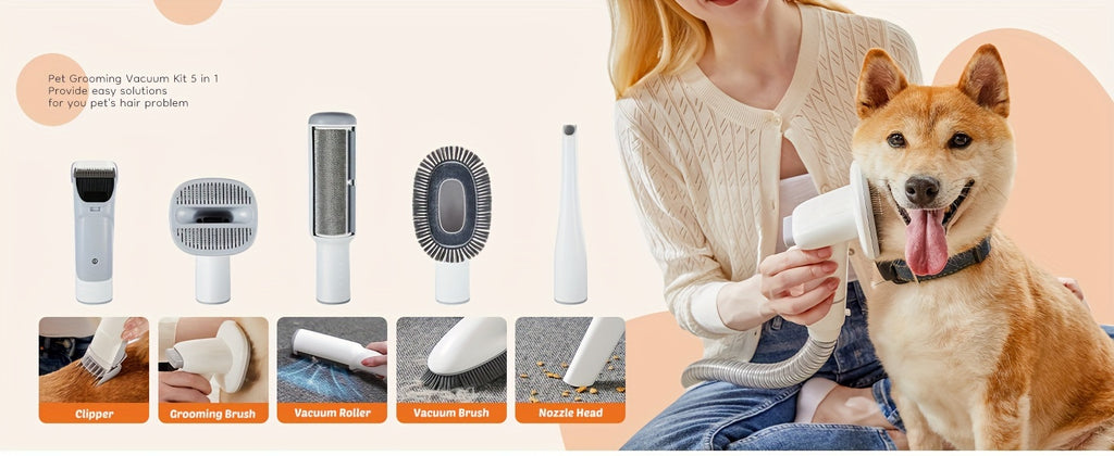 Pet Grooming Vacuum Kit 5 in 1, Vacuum Suction Strong Power 99% Pet Hair, Professional Clippers with 6 Guide Combs, Mulifunctional Grooming Tools for Dogs Cats and Other Animals