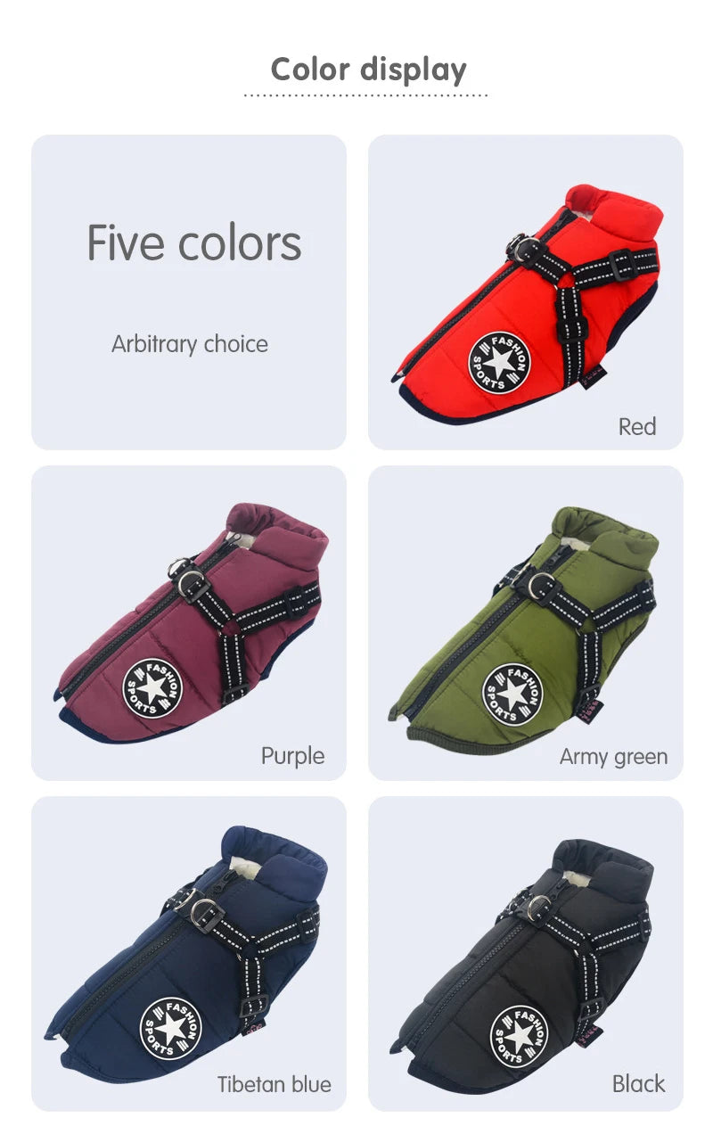 Winter Warm Large Pet Dog Jacket with Harness Waterproof Big Dog Coat for Labrador Chihuahua French Bulldog Outdoor Dog Clothes