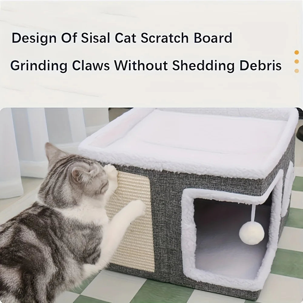 4-Season Multi-Level Cat House - Indoor  Foldable Design, Scratching Board & Non-Slip Base 30LB Capacity, Warm Cat Bed Cat Cave