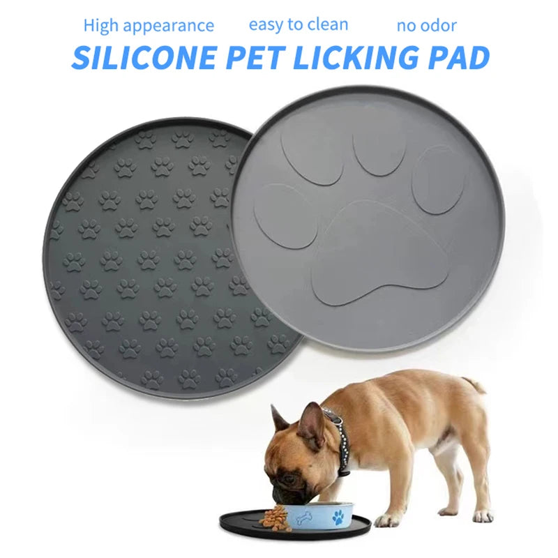 Coffee/pink/gray/black silicone pet meal pad, dog leak-proof feeding pad, round footprint pattern, cat feeding slow licking pad