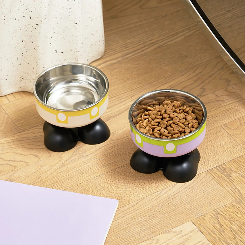A high-legged pet bowl, colorful stainless steel large-capacity dog bowl for feeding and water, neck-protecting cat bowl, anti