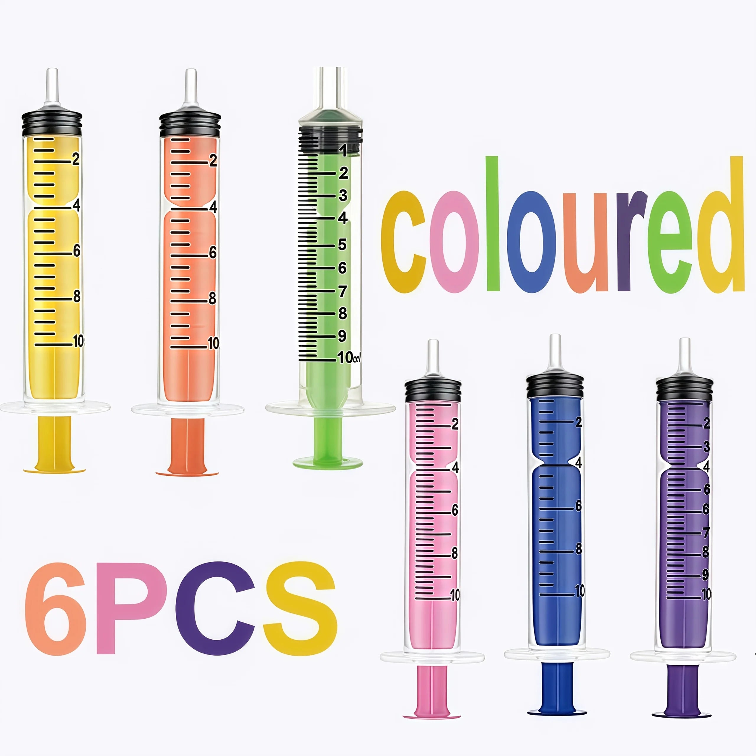 6 pieces of 10ml colored syringe with caps, suitable for glue, liquid distribution and measurement, pet food feeding, refilling