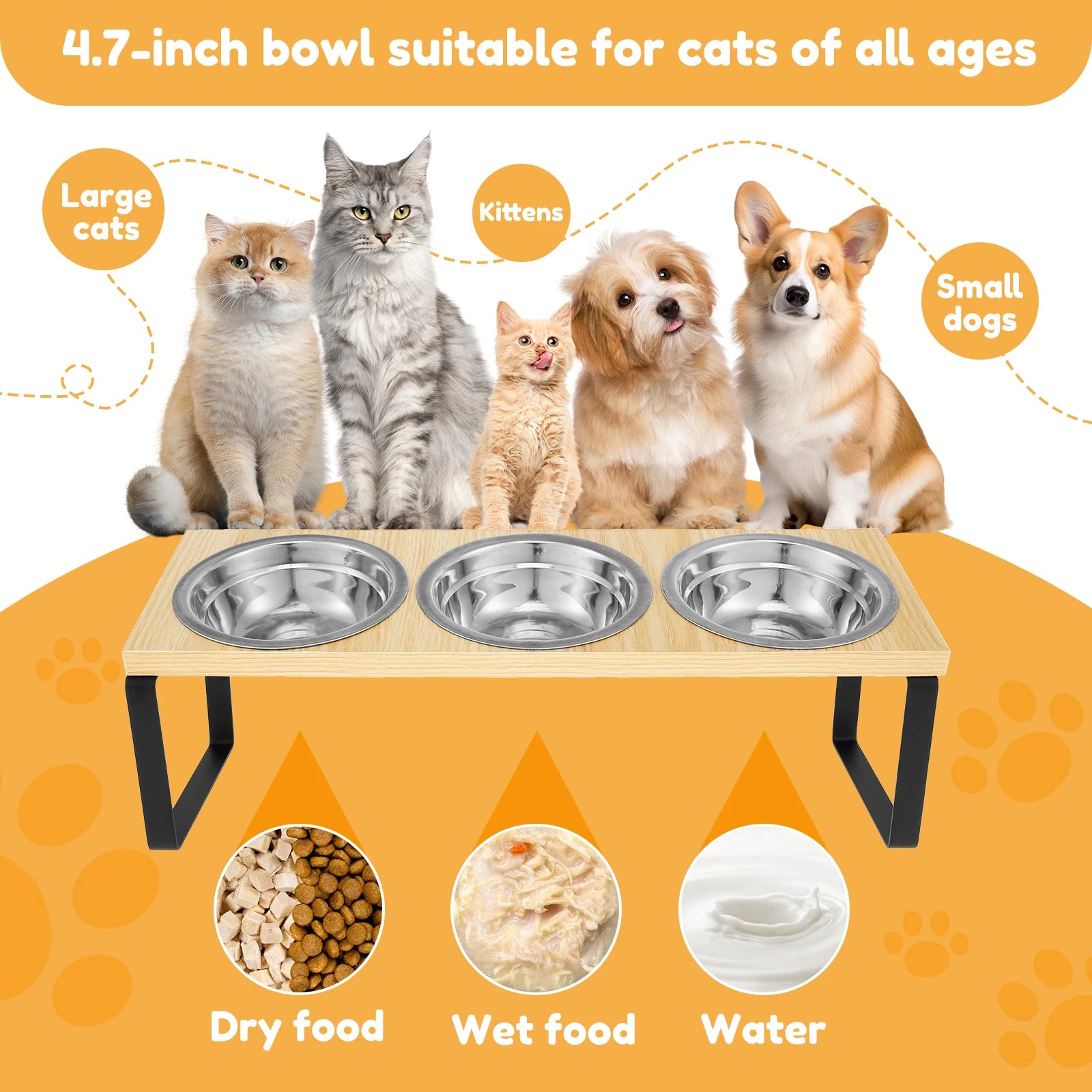 Elevated Pet Bowls Wood Cat Bowl Stand with Stainless Steel Food 3 Bowls Wooden Dog Water Feeding Dish Non Slip Iron Rack
