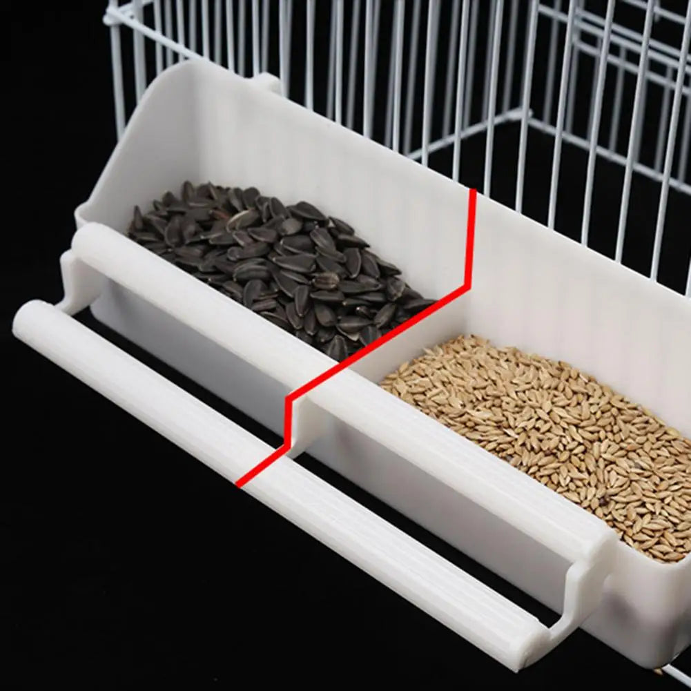 Bird Trough Pet Water Food Dispenser with Perch Stick 2 Compartments Feeding Dish Parrot Feeder Pet Hanging Feeding Container