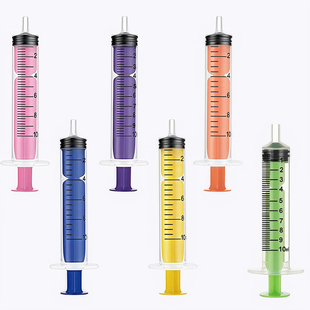 6 pieces of 10ml colored syringe with caps, suitable for glue, liquid distribution and measurement, pet food feeding, refilling