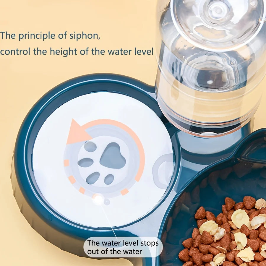 1PCS Pet Bowl with Water Feeder, 3-in-1 Ear Design Tilting Cat Water and Food Bowl with Gravity Water Bottle for Neck Protection