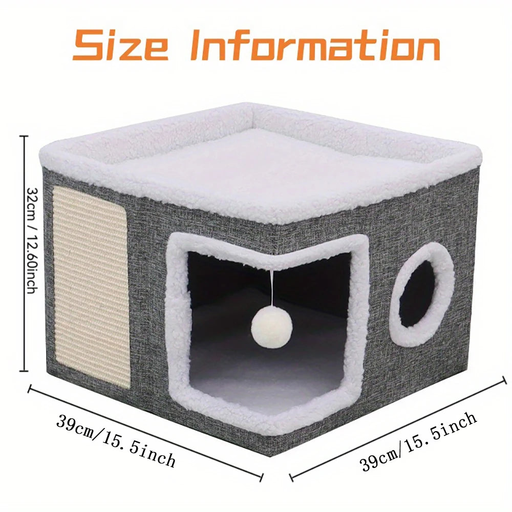 4-Season Multi-Level Cat House - Indoor  Foldable Design, Scratching Board & Non-Slip Base 30LB Capacity, Warm Cat Bed Cat Cave