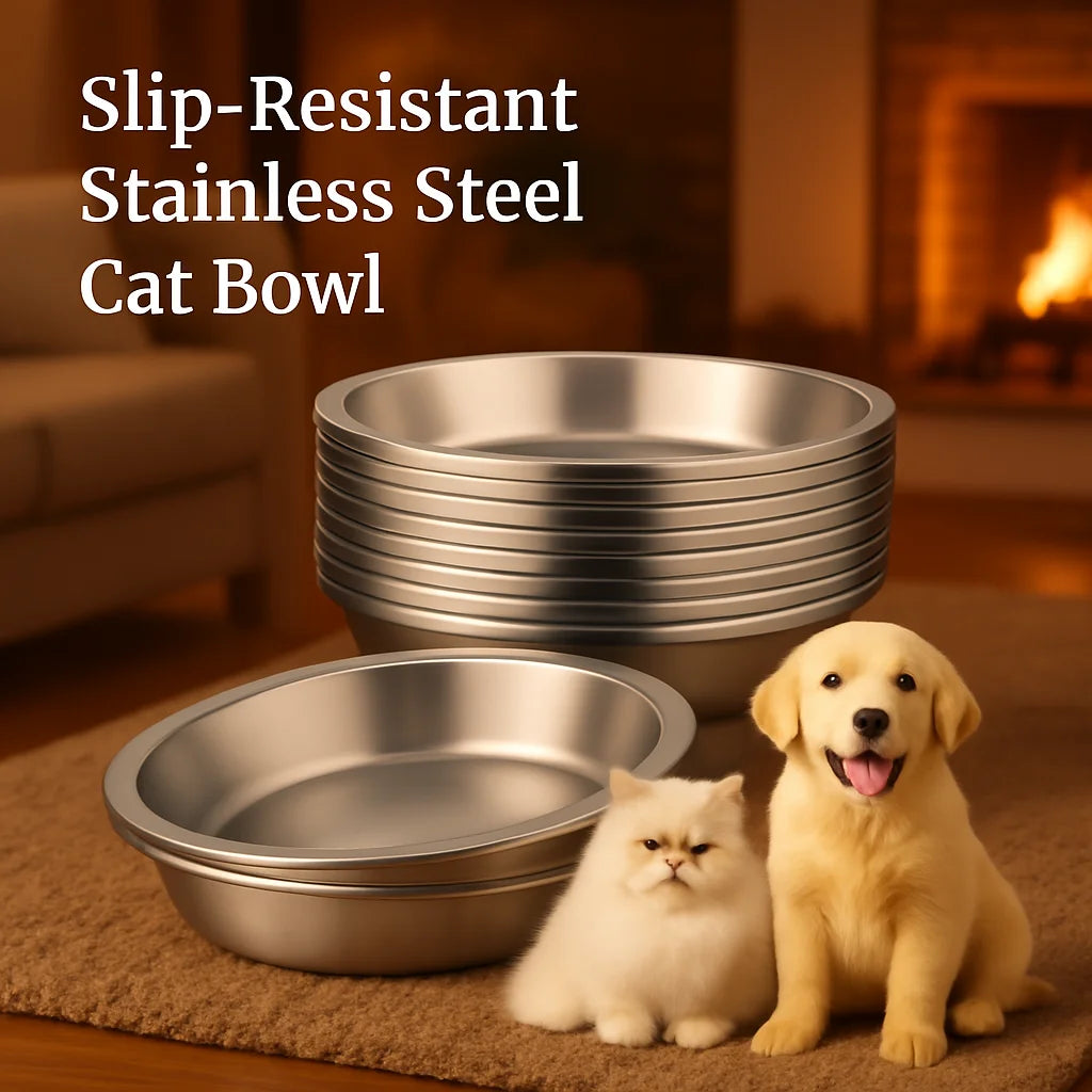Slip-Resistant Stainless Steel Cat Bowl Set – Low-Profile Wide Design for Kittens & Small Pets Anti-Tip Base Feeding Station
