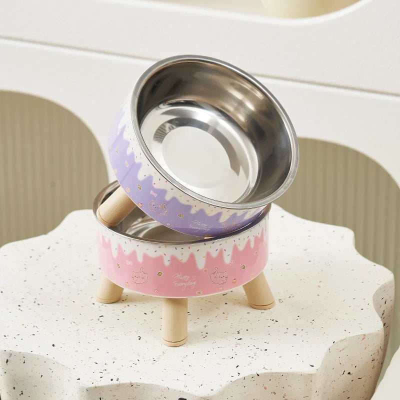 An ice cream pet bowl Colorful feeding and water cat bowl Fashion cartoon design dog bowl Pet high-legged neck bowl