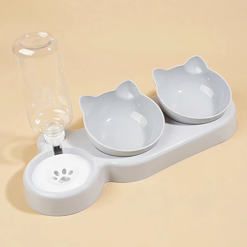 1PCS Pet Bowl with Water Feeder, 3-in-1 Ear Design Tilting Cat Water and Food Bowl with Gravity Water Bottle for Neck Protection