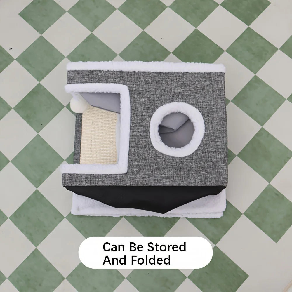 4-Season Multi-Level Cat House - Indoor  Foldable Design, Scratching Board & Non-Slip Base 30LB Capacity, Warm Cat Bed Cat Cave