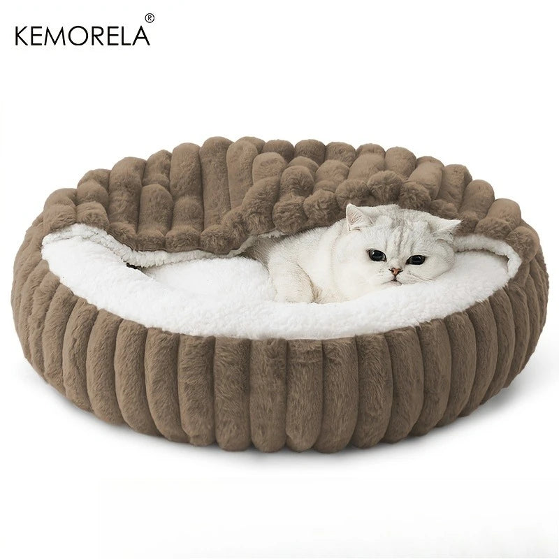 Calming Warm Kitten Bed Round Hooded Cat Cave, Indoor Puppy Sleeping Bed Suitable for Cat Dog Non-Slip Bottom Cat Cushion