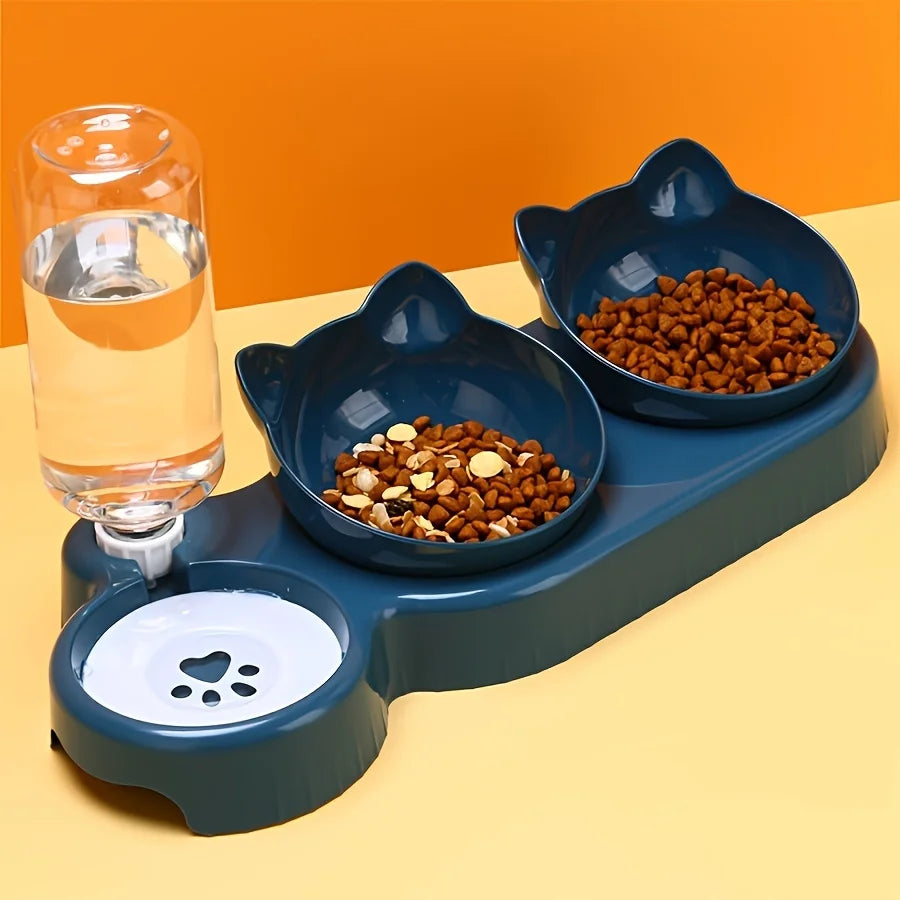 [Popular choice] Anti slip tilted cat bowl with automatic water dispenser, non electric plastic pet feeding accessories