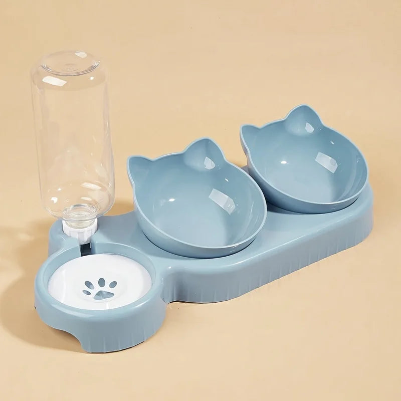 1PCS Pet Bowl with Water Feeder, 3-in-1 Ear Design Tilting Cat Water and Food Bowl with Gravity Water Bottle for Neck Protection