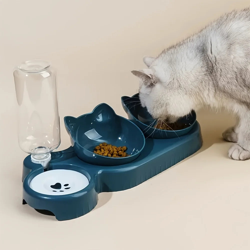 [Popular choice] Anti slip tilted cat bowl with automatic water dispenser, non electric plastic pet feeding accessories