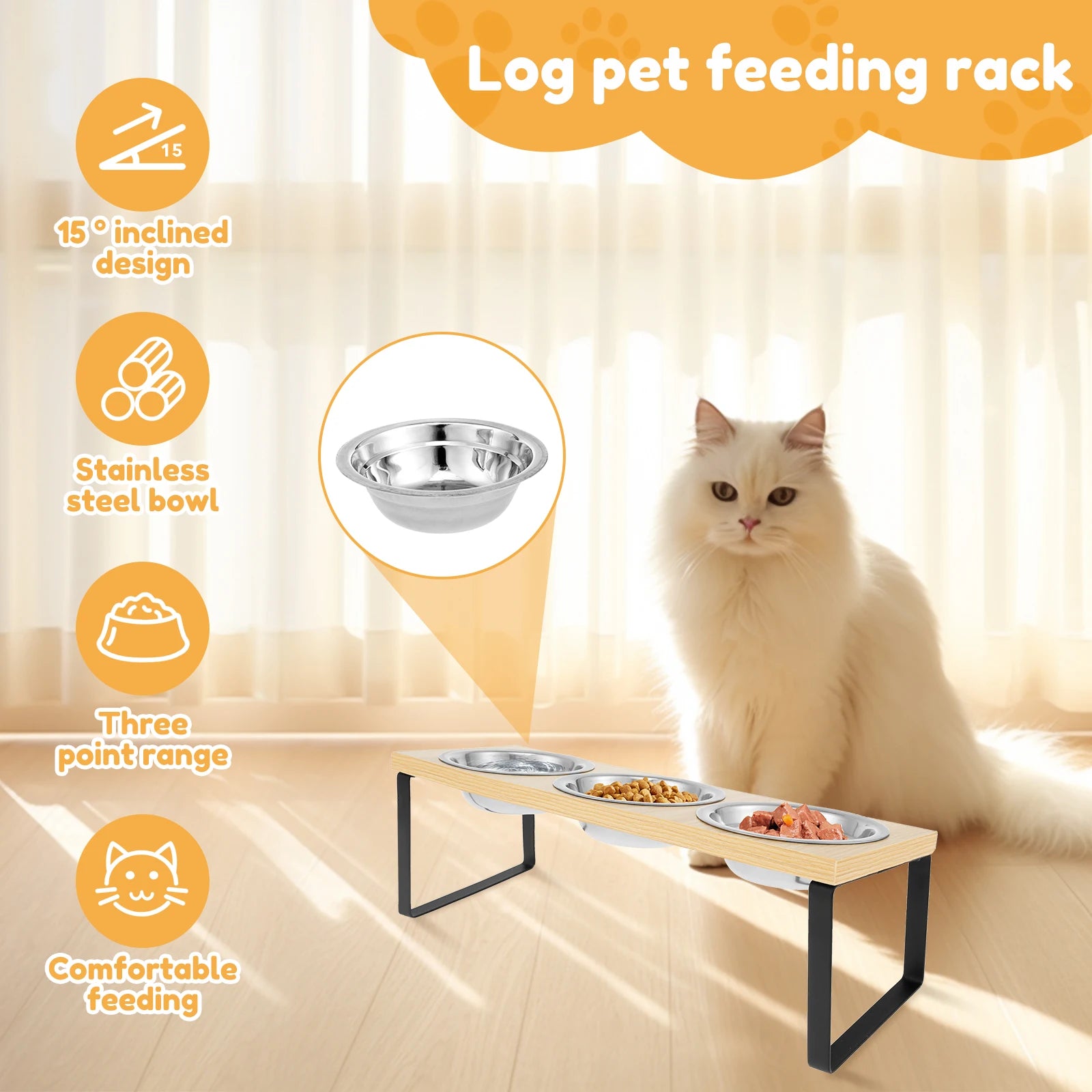 Elevated Pet Bowls Wood Cat Bowl Stand with Stainless Steel Food 3 Bowls Wooden Dog Water Feeding Dish Non Slip Iron Rack
