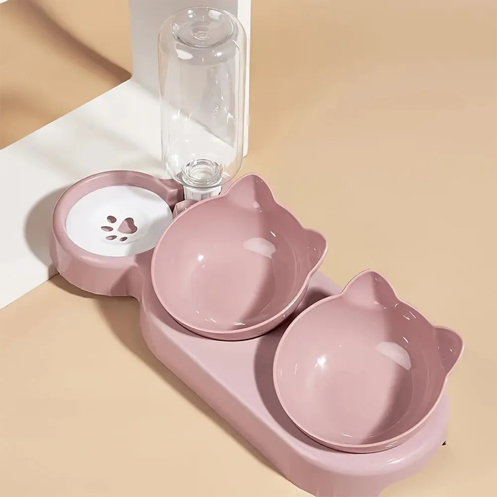 [Popular choice] Anti slip tilted cat bowl with automatic water dispenser, non electric plastic pet feeding accessories