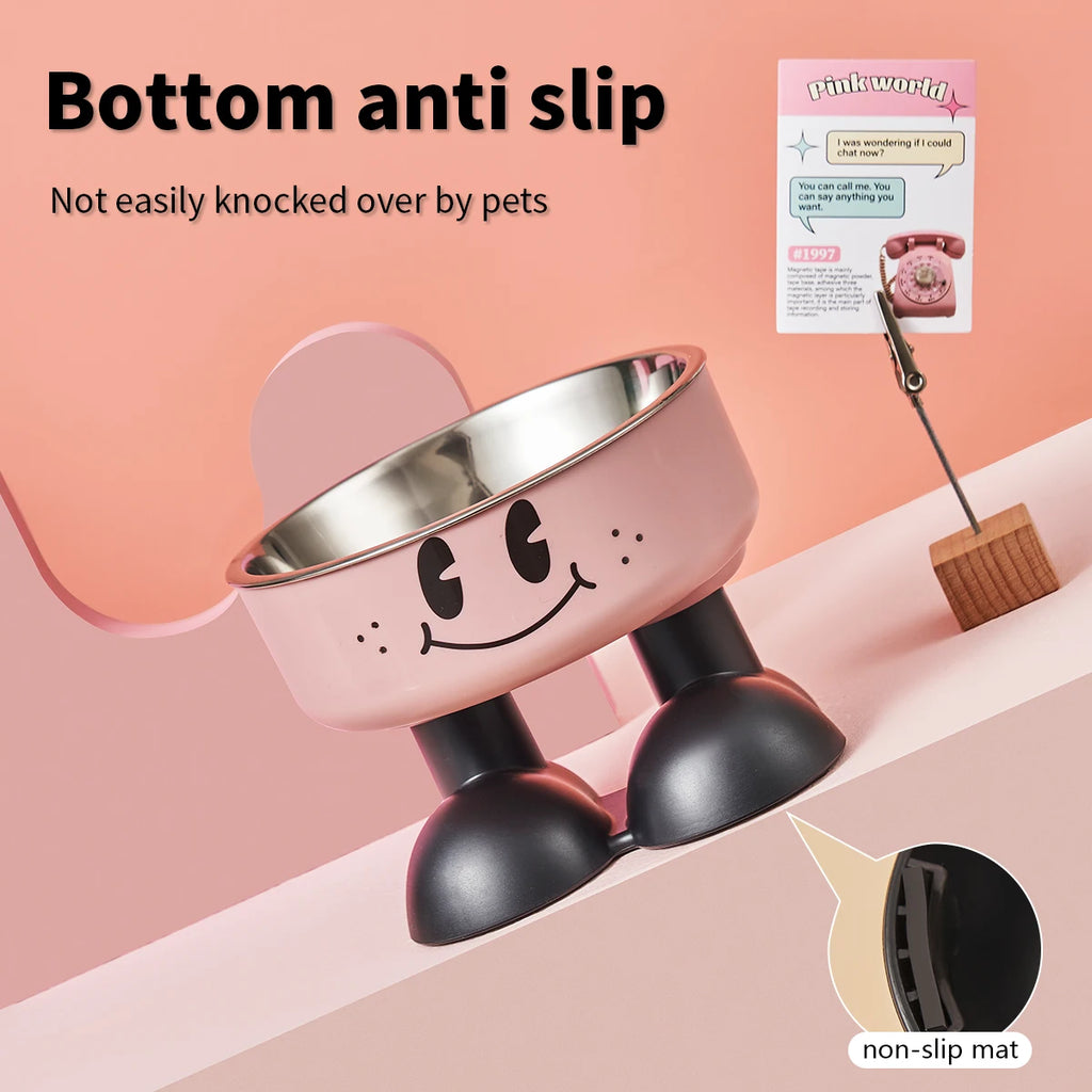 A smiling face high-legged pet bowl, fashionable stainless steel large-capacity dog bowl for feeding and water, neck-protectin