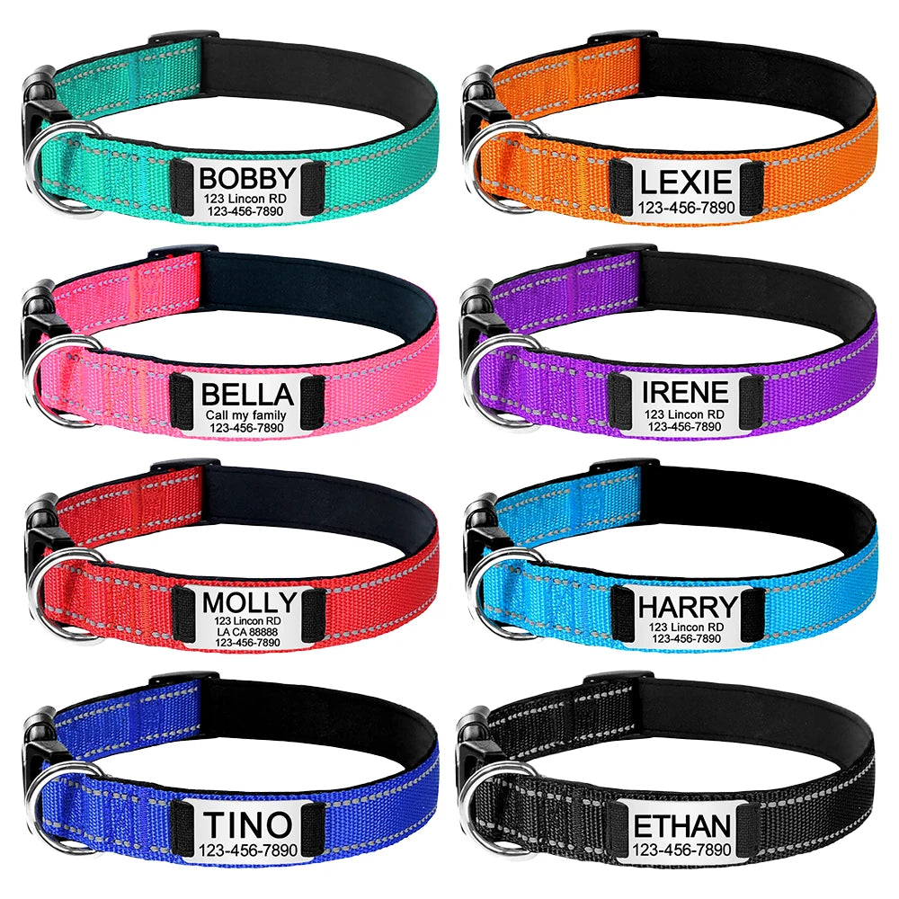 Adjustable Reflective Dog Collar Nylon Custom Engraved Name ID Tag Personalized Luminous Puppy Gleamy Large Unisex Dog Collar