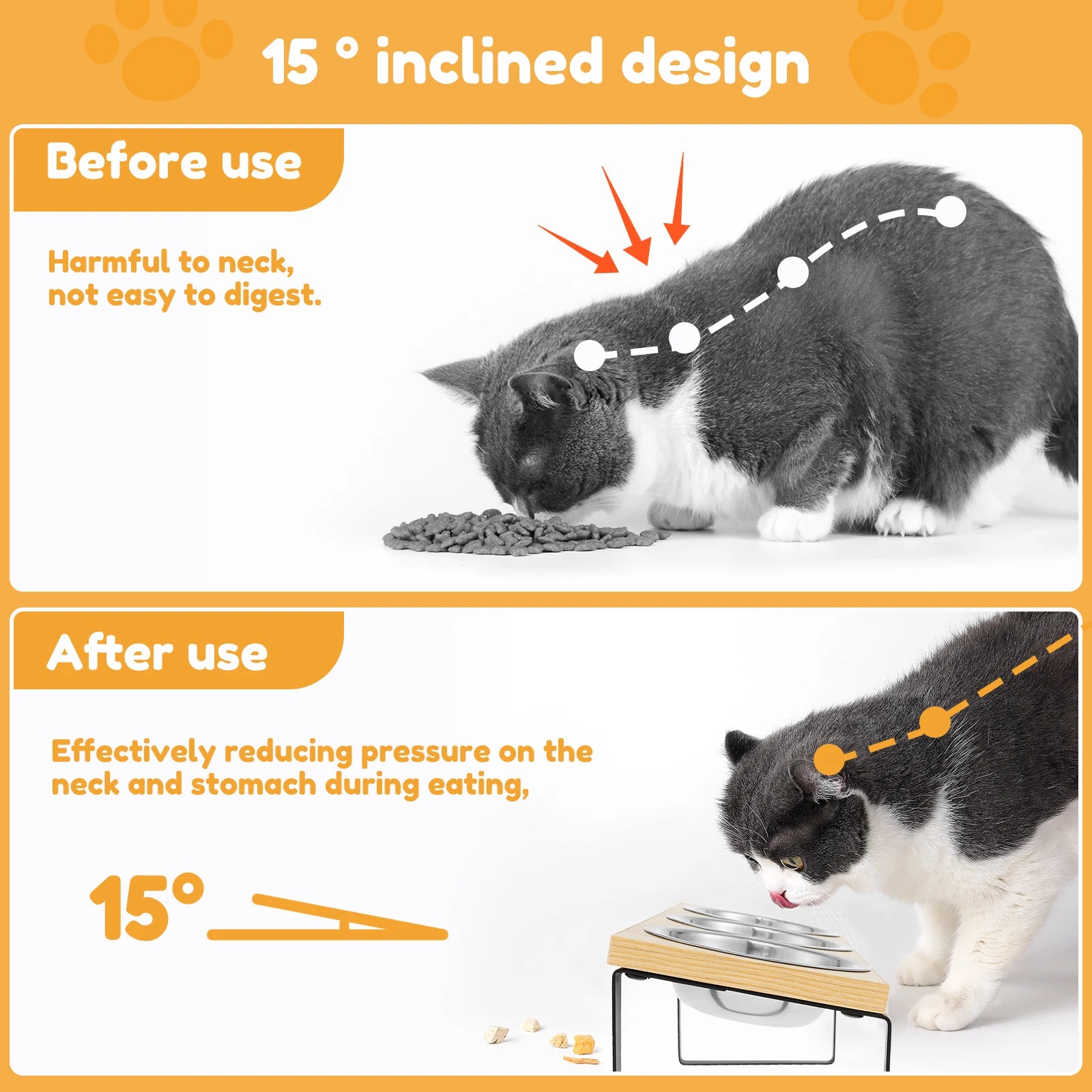 Elevated Pet Bowls Wood Cat Bowl Stand with Stainless Steel Food 3 Bowls Wooden Dog Water Feeding Dish Non Slip Iron Rack