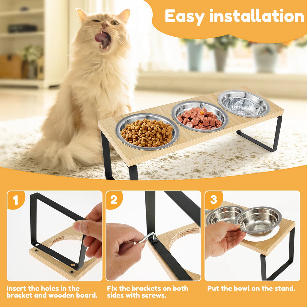Elevated Pet Bowls Wood Cat Bowl Stand with Stainless Steel Food 3 Bowls Wooden Dog Water Feeding Dish Non Slip Iron Rack