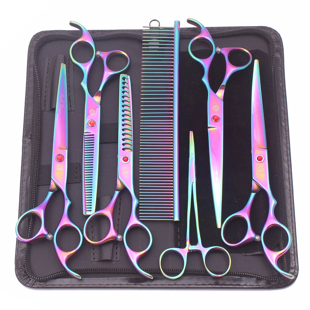 Purple Dragon Dog Grooming Scissors 7" Japan Stainless Straight Shears Pet Thinning Scissors Dog Curved Shears Chunker Z3003