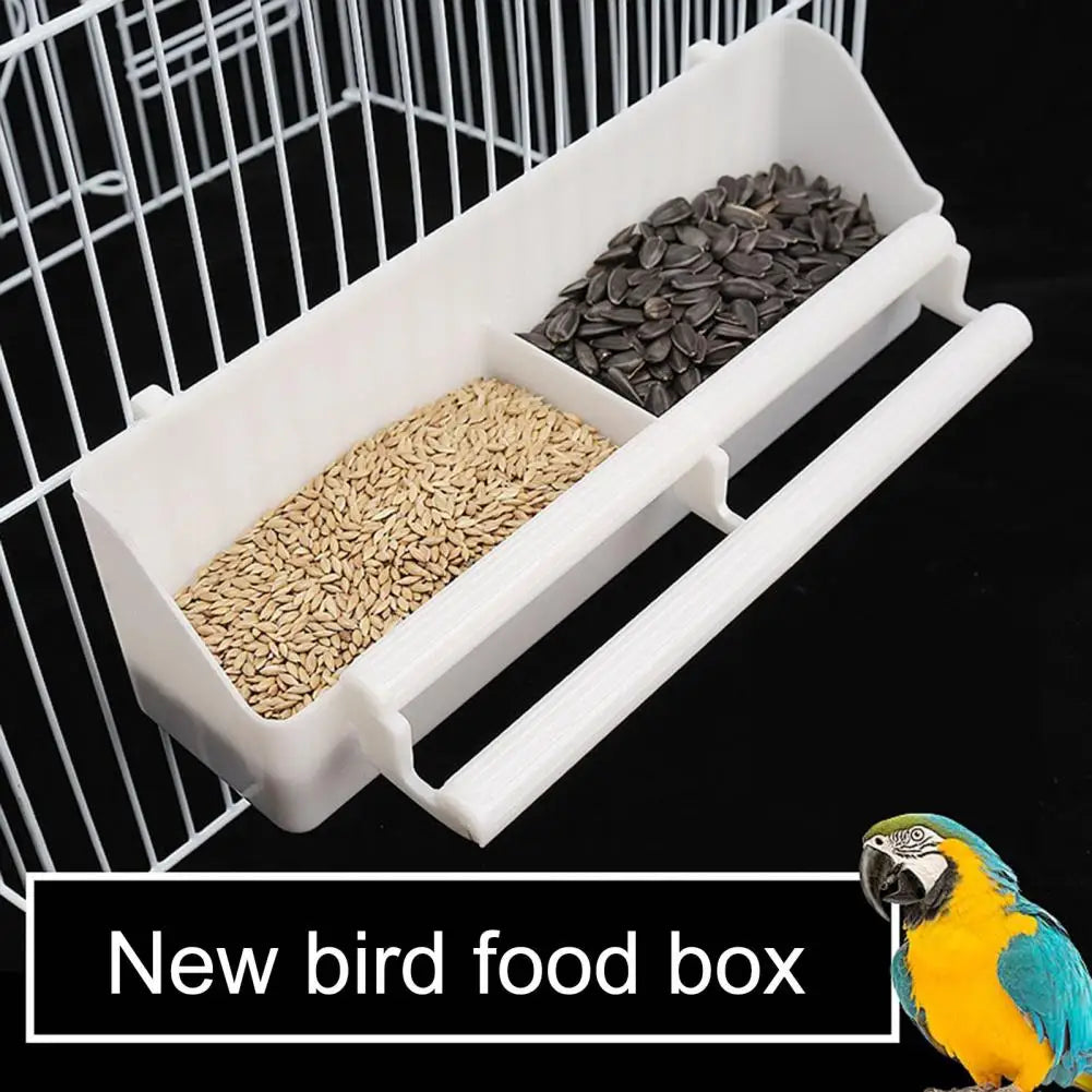 Bird Trough Pet Water Food Dispenser with Perch Stick 2 Compartments Feeding Dish Parrot Feeder Pet Hanging Feeding Container