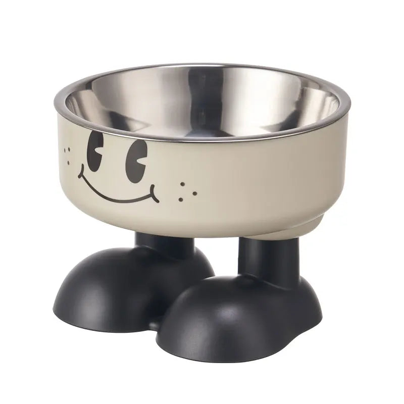A smiling face high-legged pet bowl, fashionable stainless steel large-capacity dog bowl for feeding and water, neck-protectin