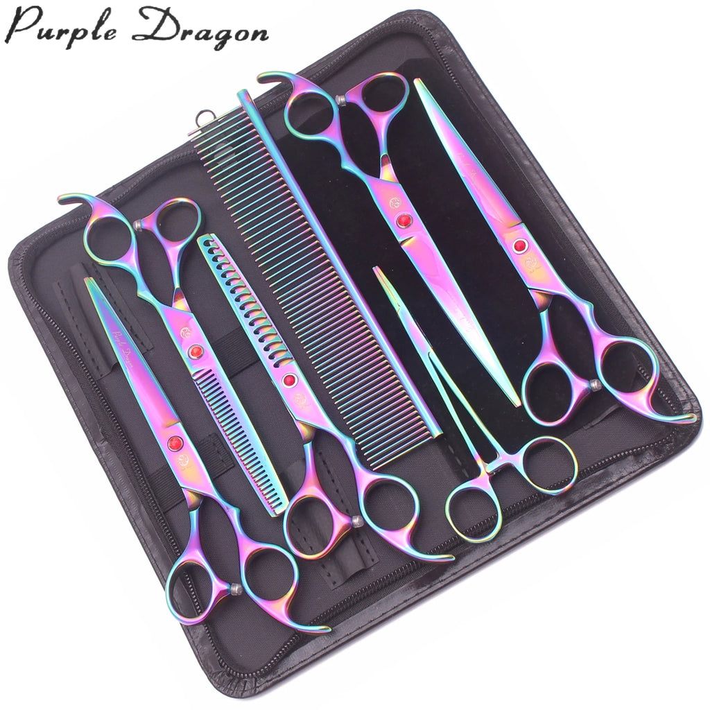 Purple Dragon Dog Grooming Scissors 7" Japan Stainless Straight Shears Pet Thinning Scissors Dog Curved Shears Chunker Z3003