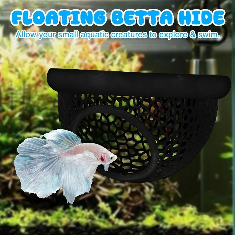Floating Betta Hide & Shrimp Cave Aquarium Decor 3-in-1 Hammock Feeding Ring & Resting Spot for Betta Shrimp Small Aquatic Pets