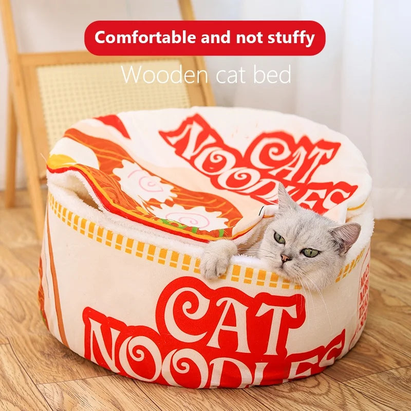 The New Winter Cartoon Ramen Cat Nest Love Warm Cute Semi-enclosed Cat Bed Can Be Opened And Washed