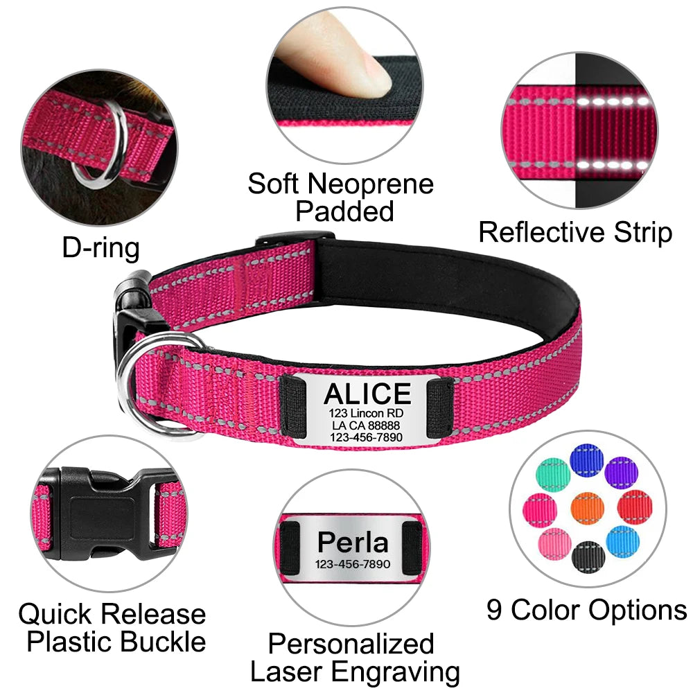Adjustable Reflective Dog Collar Nylon Custom Engraved Name ID Tag Personalized Luminous Puppy Gleamy Large Unisex Dog Collar