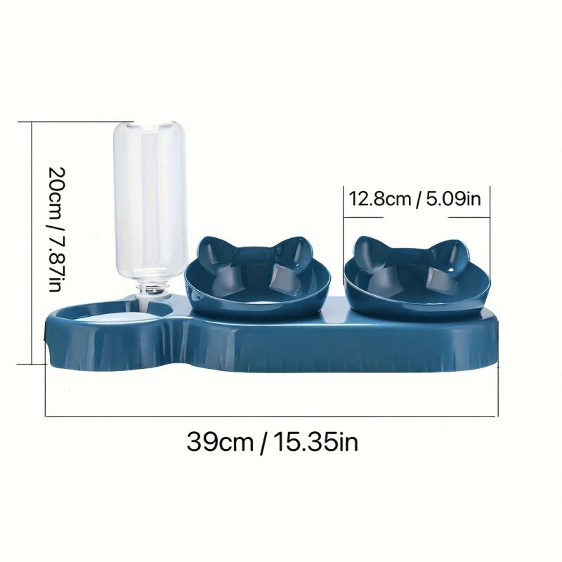 1PCS Pet Bowl with Water Feeder, 3-in-1 Ear Design Tilting Cat Water and Food Bowl with Gravity Water Bottle for Neck Protection