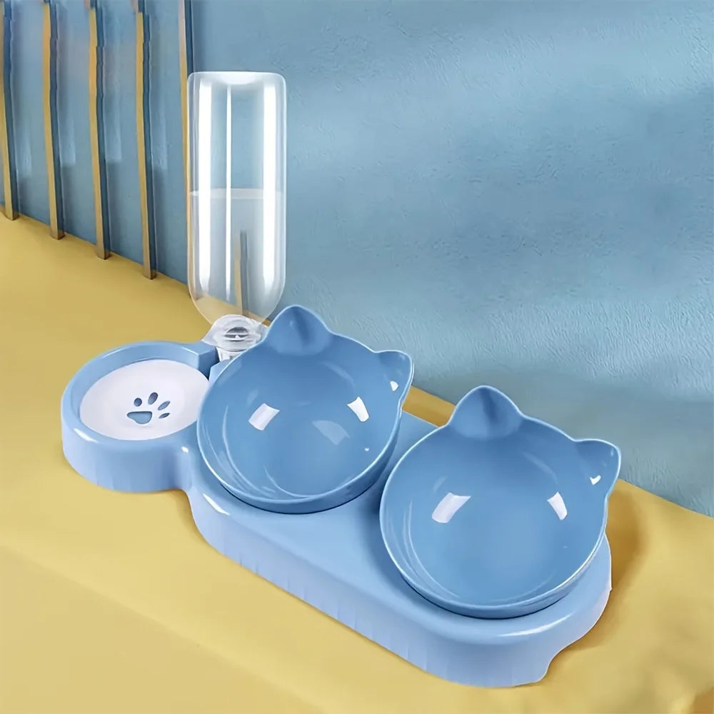 [Popular choice] Anti slip tilted cat bowl with automatic water dispenser, non electric plastic pet feeding accessories