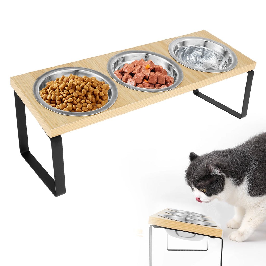 Elevated Pet Bowls Wood Cat Bowl Stand with Stainless Steel Food 3 Bowls Wooden Dog Water Feeding Dish Non Slip Iron Rack