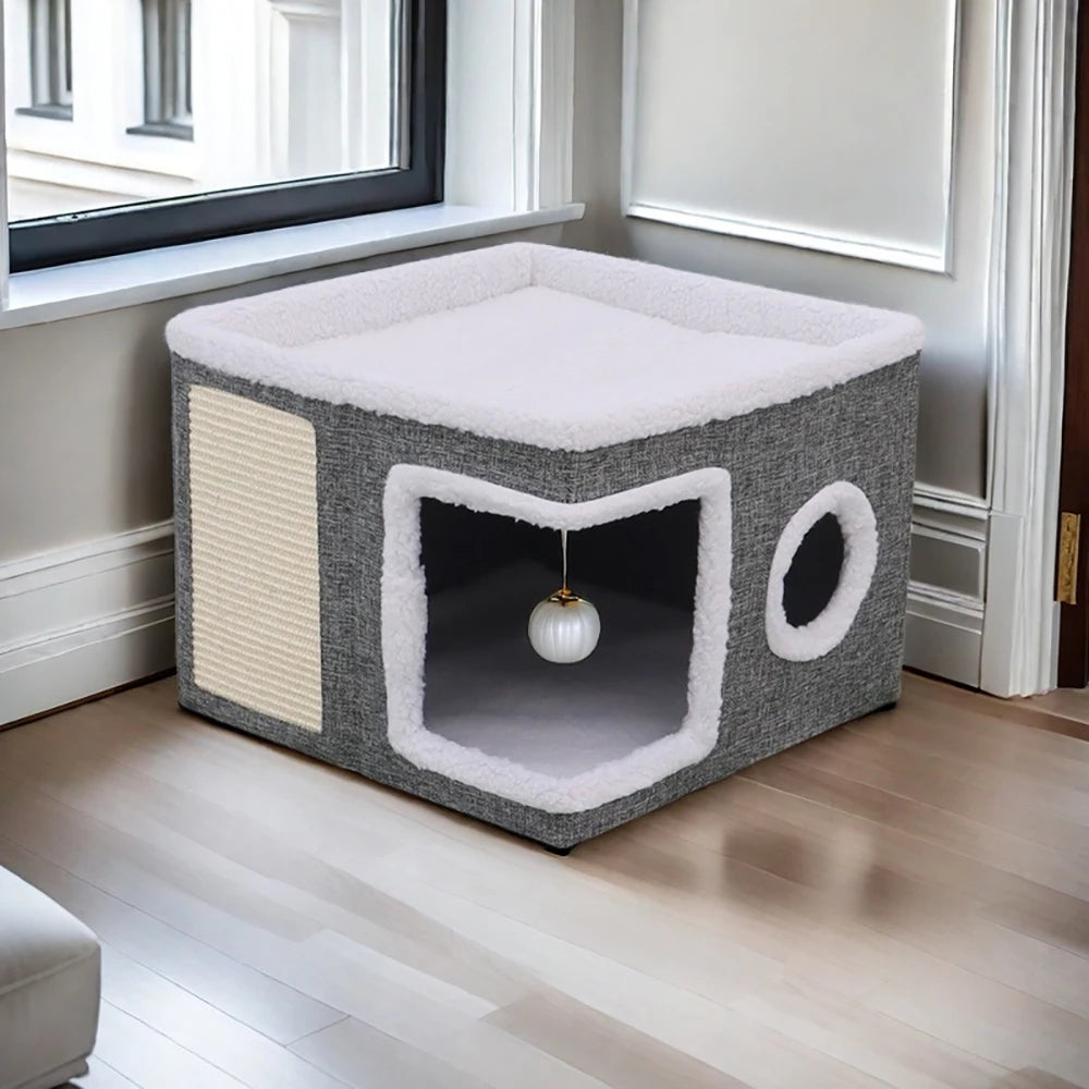 4-Season Multi-Level Cat House - Indoor  Foldable Design, Scratching Board & Non-Slip Base 30LB Capacity, Warm Cat Bed Cat Cave