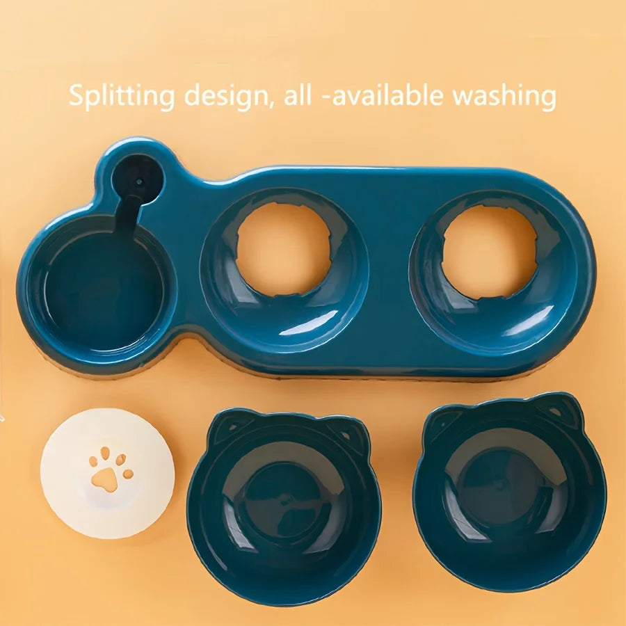 1PCS Pet Bowl with Water Feeder, 3-in-1 Ear Design Tilting Cat Water and Food Bowl with Gravity Water Bottle for Neck Protection