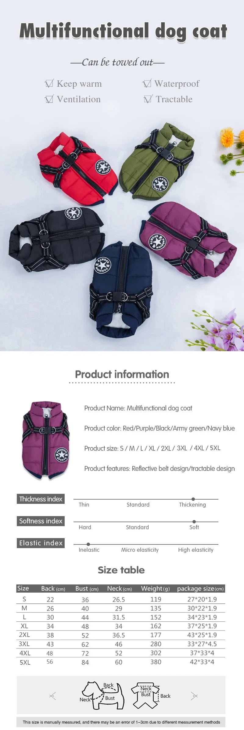 Chaqueta grande con arnés para perro, ropa cálida de invierno para labrador, abrigo impermeable para perro grande, trajes para chihuahua y bulldog francés.