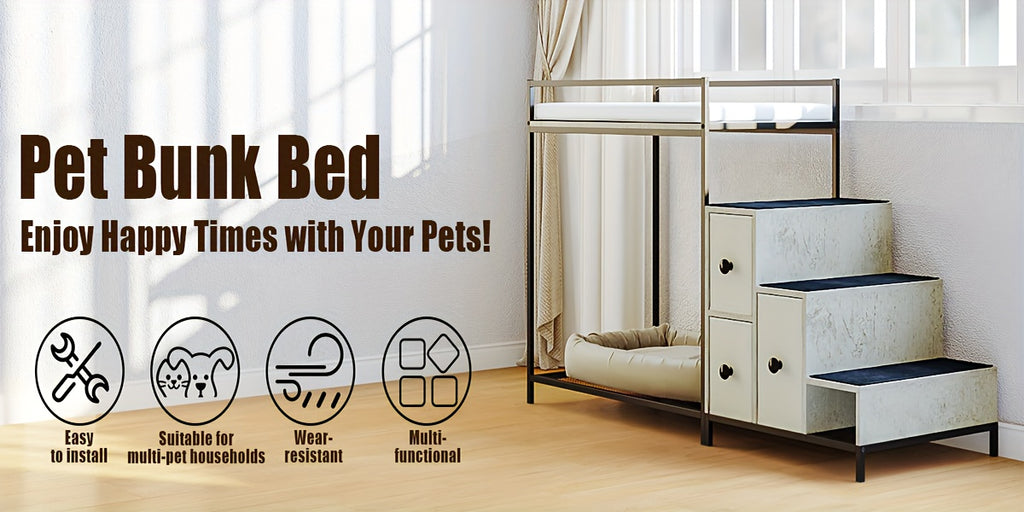 Multi-Level Pet Bunk Bed with Stairs & Storage Drawers - Elevated Dog Bed or Window perch, Sturdy Construction, Space-Saving Design for Small/Medium Dogs - Modern Home Decor Pet Furniture, Engineered Wood Frame, Apartment Pet