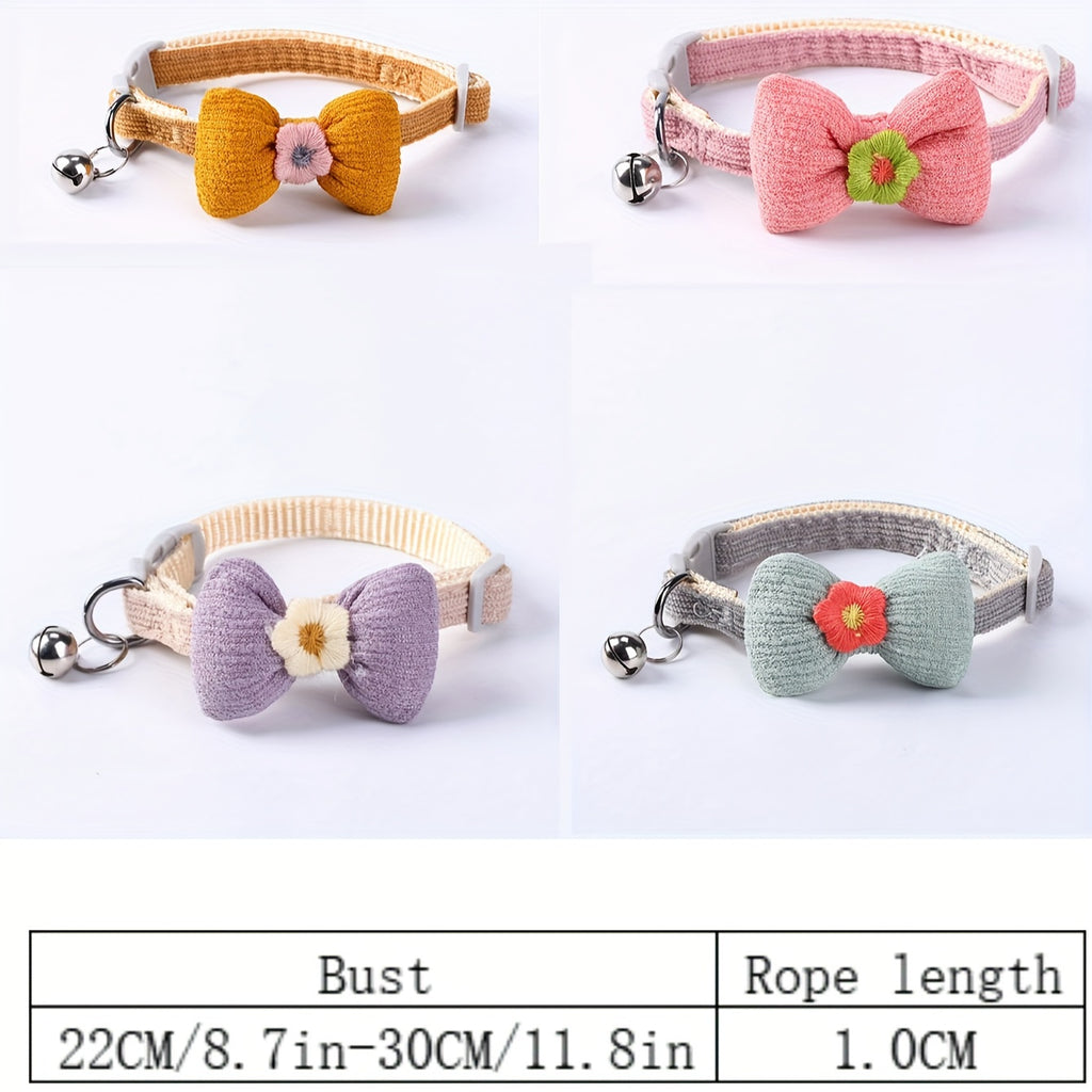 Floral Bowtie Plush Pet Collar With Bell - Adjustable Polyester Neckwear For Cats And Small Dogs