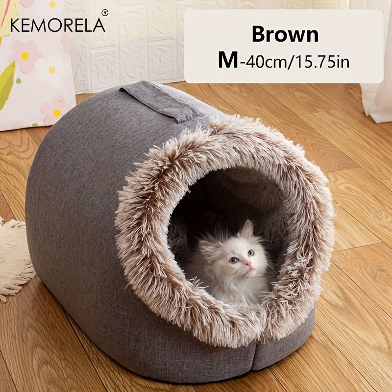 [Cozy Cat Bed] Portable Cat Bed with Handle | Thickened Warm Polyester Pet Bed, Cozy Circular Design with Plush Furry Interior for Indoor Cats, Durable & Easy-Clean Cat Bed for Travel, Home, or Gifting, Cute Cat Bed by KEMORE