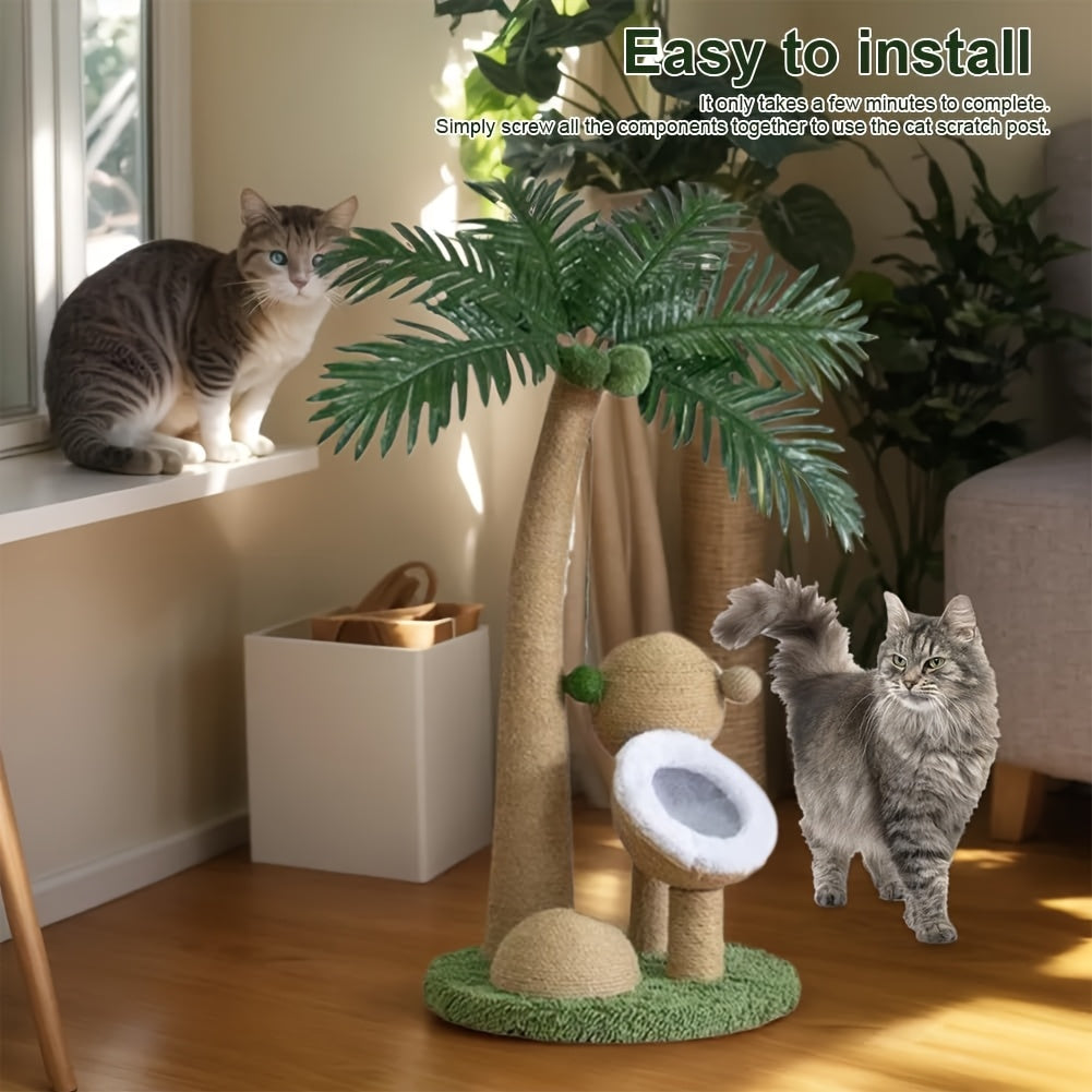 33 Inch Large Cat Scratching Post - Curved Palm Tree Design with Sisal Scratching Posts, 3 Interactive Balls & Dangling Toy, Sturdy Base & Anti-Topple for Climbing, Napping, Indoor Cats, Feline Enrichment, Playful Pet Furnitu
