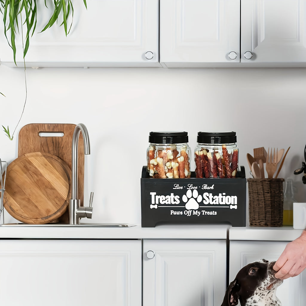 3pcs Wooden Dog Food Storage Organizer with 2 Plastic Containers, Farmhouse Pet Food Container, Wooden Dog Food Rack, Rectangle, Pet Feeding and Drinking Supplies, Country Style, Black and White Dog Food Storage Box