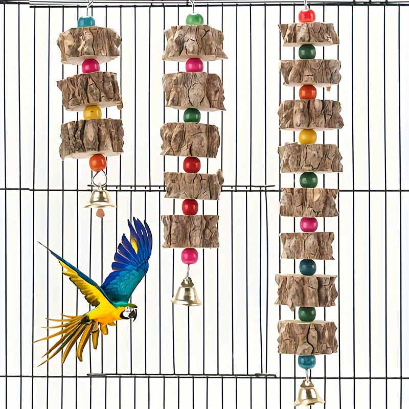 Natures Delight - Durable Wooden Parrot Toy with Melodic Bell and Vibrant Beads - Stimulating Chewing & Grinding Aid for Birds Health - Perfect Cage Accessory