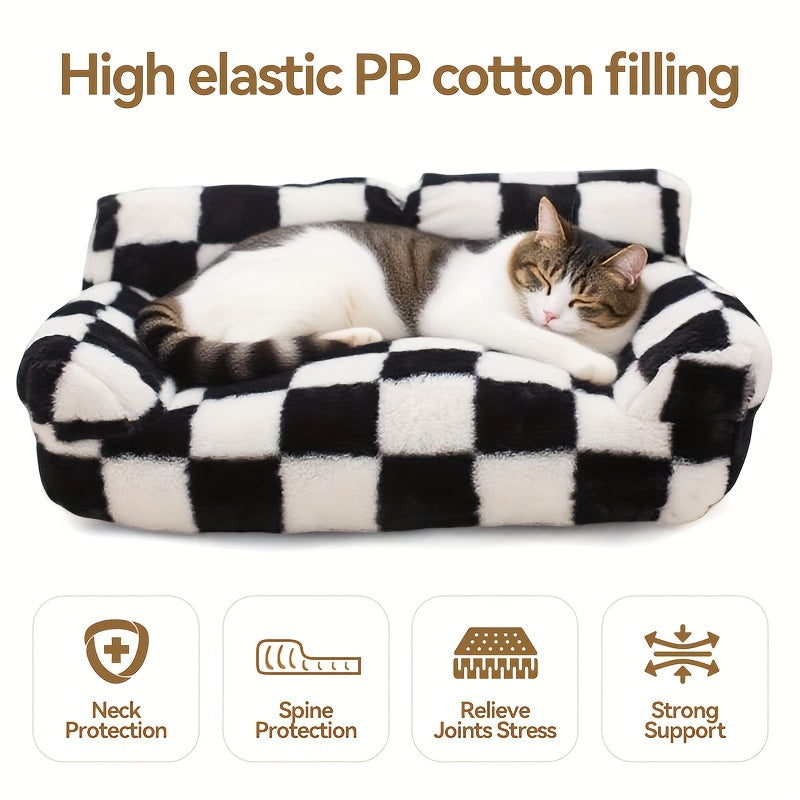All-Season Pet Sofa Bed - Plush Polyester Cushioning, Black & White Checkerboard Pattern - Soft Warm Bed for Cats, Small Dogs, Indoor Use - Easy-Clean Pet Furniture for Living Room, Bedroom Decor, Cozy Design, Softcushioned S