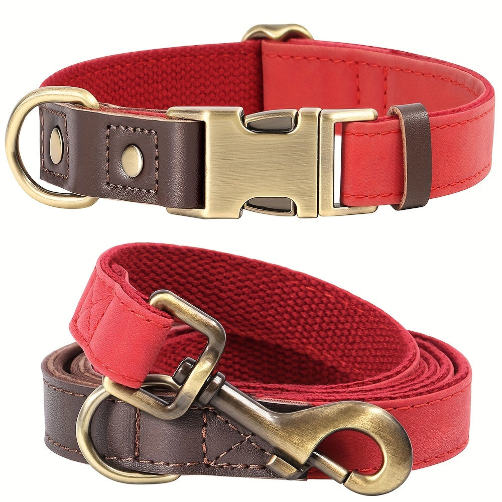 [Retro Pet Collar] Retro Color Matching PU Synthetic Leather Pet Collar and Leash Set - Durable Nylon Webbing Lined Dog Collar - Suitable for Large, Medium and Small Dogs